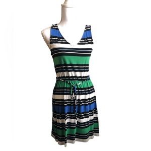 MERONA SLEEVELESS BLACK, GREEN, BLUE AND WHITE STRIPED DRESS SIZE SMALL